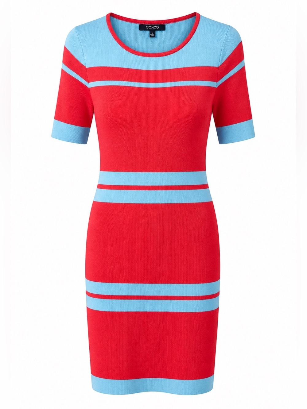 Codigo Striped Ribbed Knit Bodycon Dress - Red & Light Blue - Size L